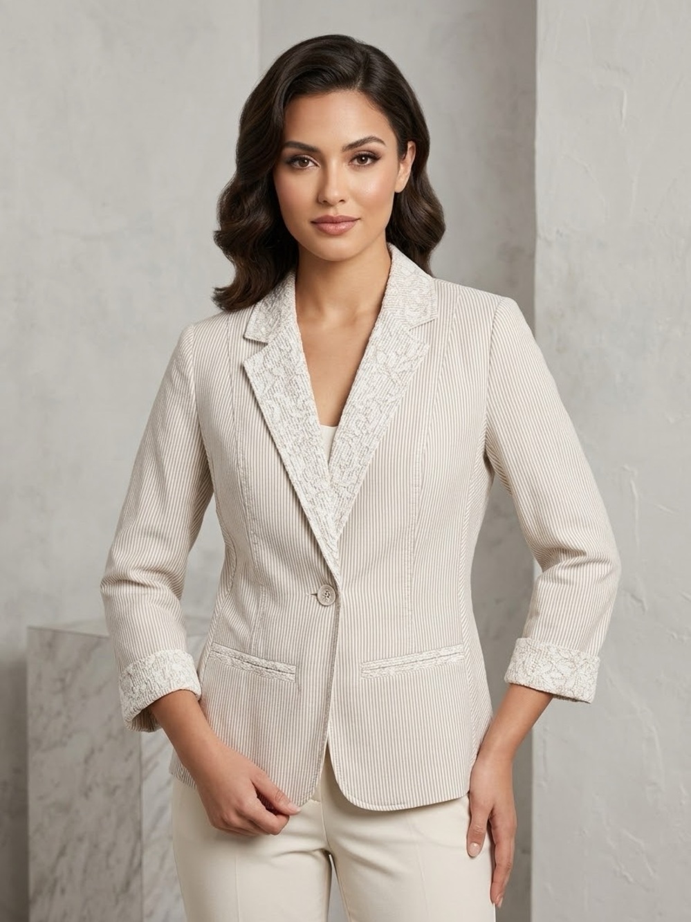 Chico’s Striped Lace Detail 3/4 Sleeve Blazer Cotton Jacket Neutral Large/12